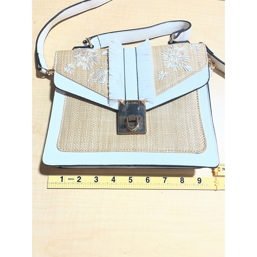 Aldo White Faux Leather Straw Crossbody Bag Floral Embroidery Fringe Detail